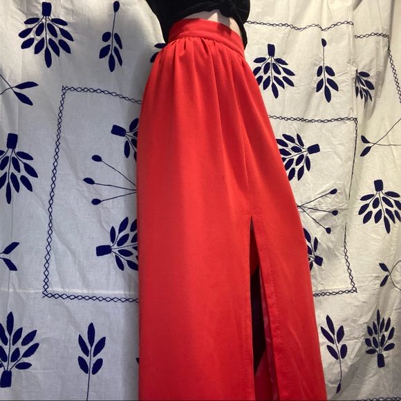 Maxi vintage high waisted skirt red with front slit floor length party holiday - Picture 1 of 6